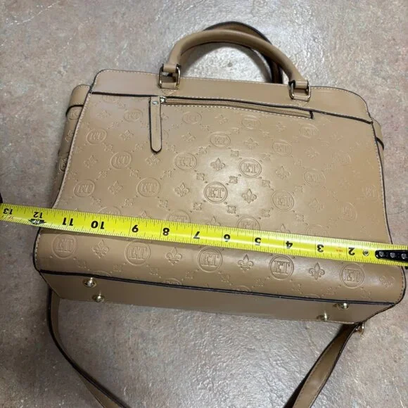 Ellen Tracy Monogram Signature Collection Double Handle Satchel Tan Faux Leather - Picture 13 of 16